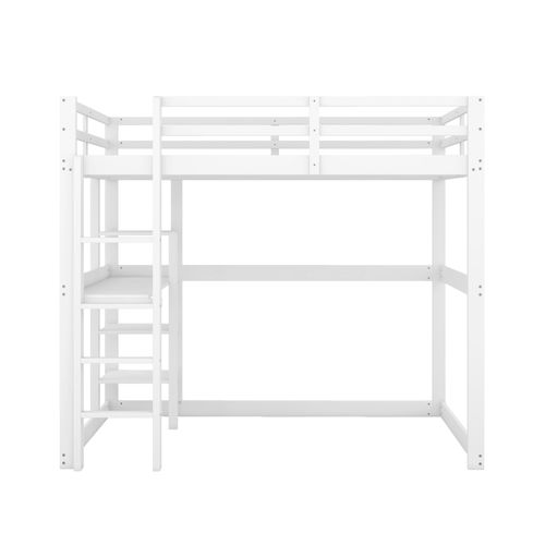 Lit Mezzanine 140x200 Cm Avec Bureau Intégré Et 4 Étagères, Pin Blanc