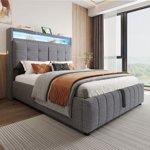 Lit Coffre 140x200cm Lin Gris, lit Adulte Avec LED, Ports USB, Sommier à Lattes