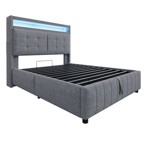 Lit Coffre 140x200cm Lin Gris, lit Adulte Avec LED, Ports USB, Sommier à Lattes