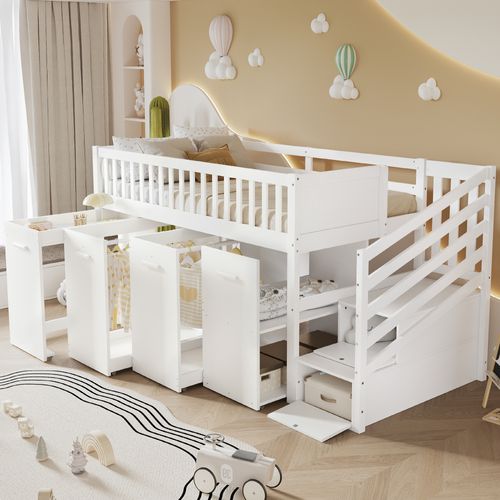 Lit Enfant Mi-haut 90x200 Cm Avec Rangements Et Bureau Coulissant, Escalier Sécurisé, Pin Blanc
