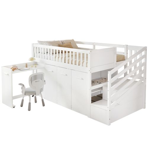 Lit Enfant Mi-haut 90x200 Cm Avec Rangements Et Bureau Coulissant, Escalier Sécurisé, Pin Blanc