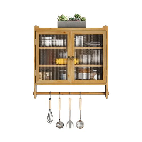 Armoire Murale 63x60x18 Cm, 2 Portes, 3 Étagères, Bois Naturel Vintage