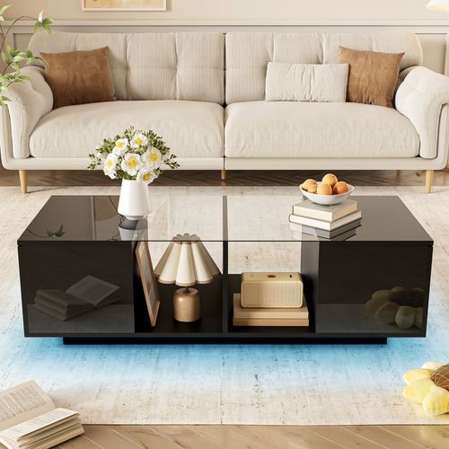 Table Basse 120 X 50 X 38,5 Cm Avec LED, 2 Portes, Noir Haute Brillance