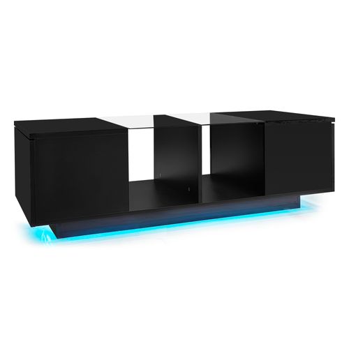 Table Basse 120 X 50 X 38,5 Cm Avec LED, 2 Portes, Noir Haute Brillance