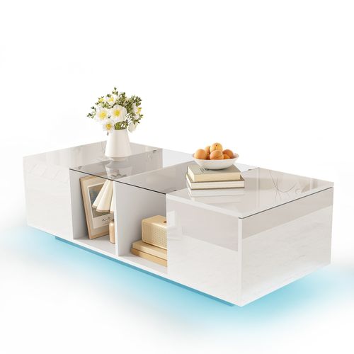 Table Basse 120 X 50 X 38,5 Cm Blanche Avec Plateau En Verre Et Éclairage LED