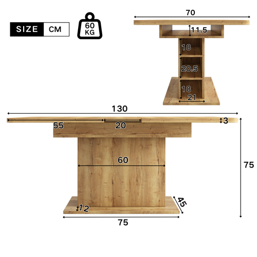 Table à Manger Extensible L110/130×70×75 Cm Avec Rangements, Métal, Coloris Naturel