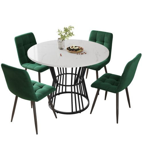 Ensemble Salle à Manger, Table Ronde Blanche 100 Cm Avec 4 Chaises En Velours Vert