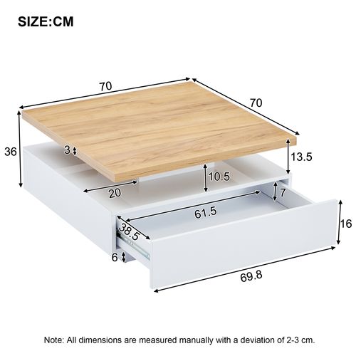 Table Basse Carrée Bois Et Blanc 70cm - Plateau Rotatif 360°, Tiroir De Rangement