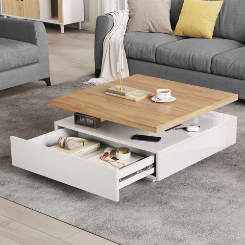 Table Basse Carrée Bois Et Blanc 70cm - Plateau Rotatif 360°, Tiroir De Rangement