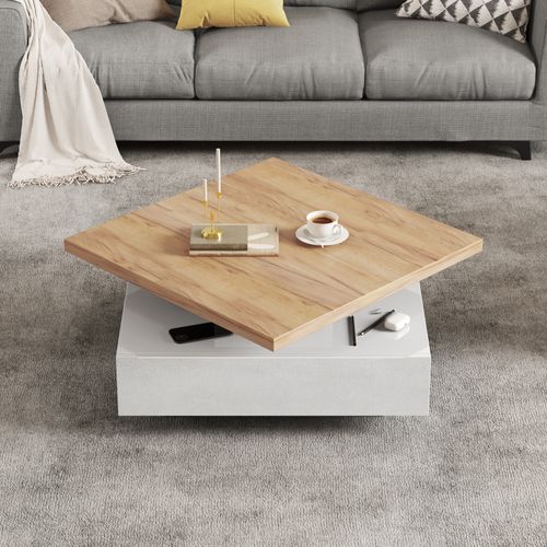 Table Basse Carrée Bois Et Blanc 70cm - Plateau Rotatif 360°, Tiroir De Rangement