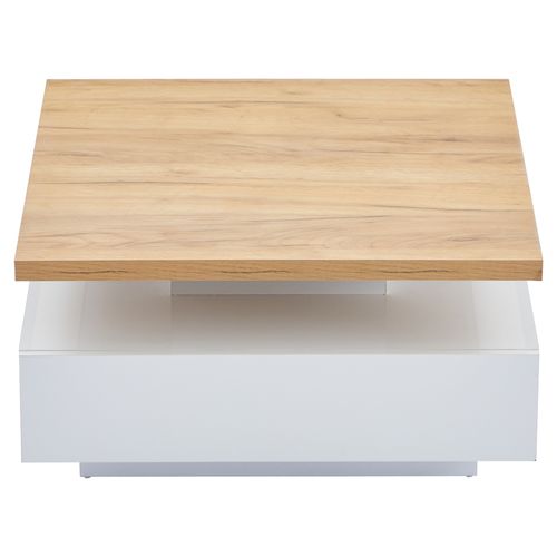 Table Basse Carrée Bois Et Blanc 70cm - Plateau Rotatif 360°, Tiroir De Rangement