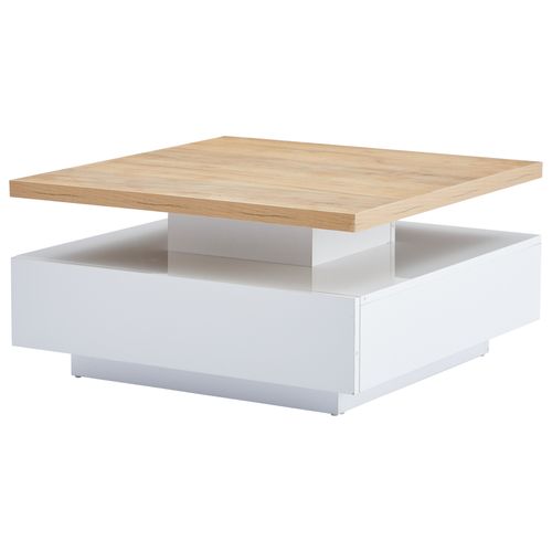 Table Basse Carrée Bois Et Blanc 70cm - Plateau Rotatif 360°, Tiroir De Rangement