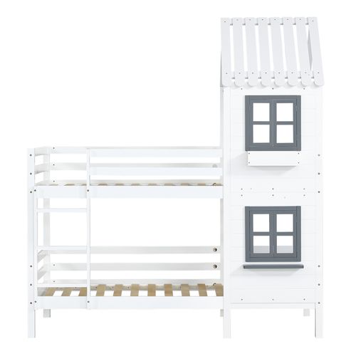 Lit Superposé Enfant 90x200 Cm Forme Cabane, En Pin Blanc Avec Fenêtres Et Sommiers à Lattes