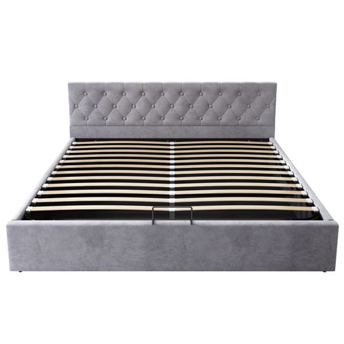 Lit Adulte 180x200 Cm Velours Gris Avec Coffre De Rangement Et Sommier à Lattes