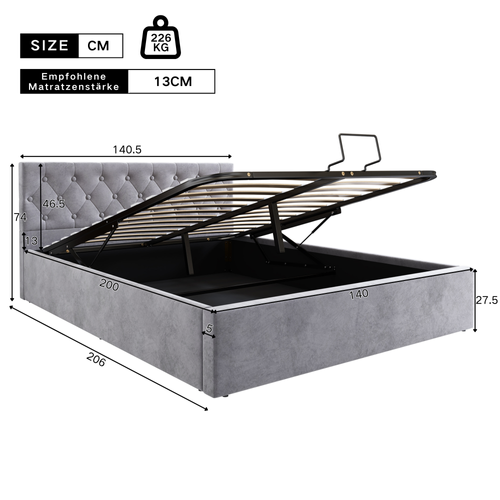Lit Adulte Coffre 140x200 Cm Velours Gris Avec Rangement Hydraulique Et Sommier à Lattes