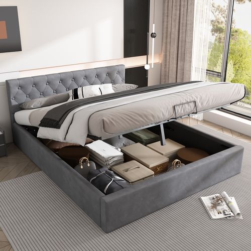 Lit Adulte Coffre 140x200 Cm Velours Gris Avec Rangement Hydraulique Et Sommier à Lattes