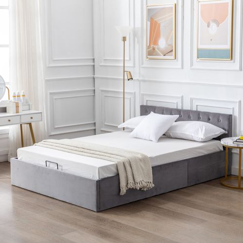 Lit Adulte Coffre 140x200 Cm Velours Gris Avec Rangement Hydraulique Et Sommier à Lattes