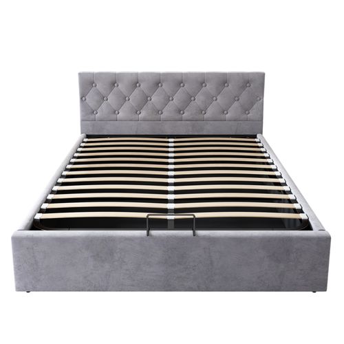 Lit Adulte Coffre 140x200 Cm Velours Gris Avec Rangement Hydraulique Et Sommier à Lattes