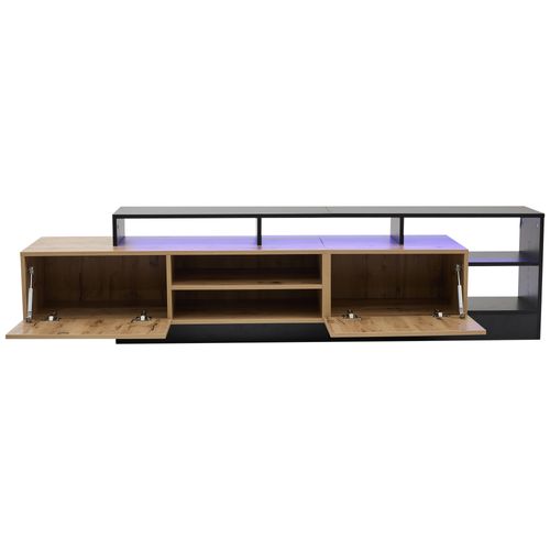 Meuble TV 190 Cm Pour TV Jusqu'à 70'' Avec LED, 2 Portes Et Étagères, Bois Chêne/noir