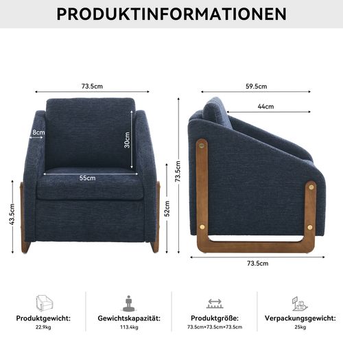 Fauteuil 73,5×73,5×73,5 Cm Tissu Chenille Bleu Avec Accoudoirs En Bois