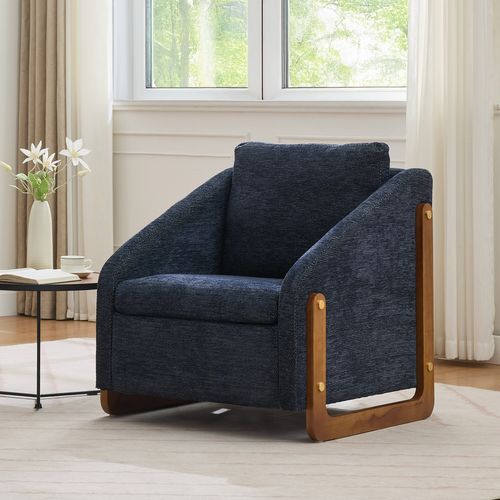 Fauteuil 73,5×73,5×73,5 Cm Tissu Chenille Bleu Avec Accoudoirs En Bois