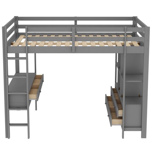 Lit Mezzanine Adulte 140x200 Cm En Pin Gris Avec Bureau Intégré Et 6 Tiroirs De Rangement