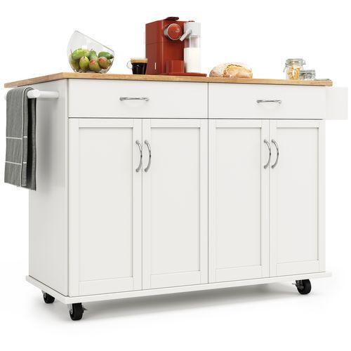 Desserte Blanche Mobile, Îlot De Cuisine Rabattable Avec Plateau Bois, 2 Tiroirs Et 4 Portes