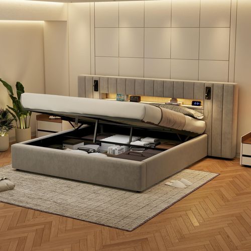 Lit Adulte LED 180x200 Cm En Velours Gris Avec Coffre, Rangements, Ports USB Et 2 Lampes