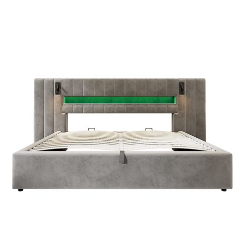 Lit Adulte LED 180x200 Cm En Velours Gris Avec Coffre, Rangements, Ports USB Et 2 Lampes