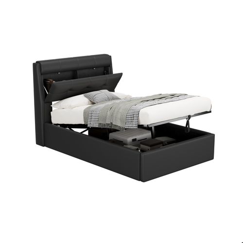 Lit Simple Coffre 90x200 Cm Lit Enfant Avec Rangements, Pu Noir, Avec Sommier à Lattes