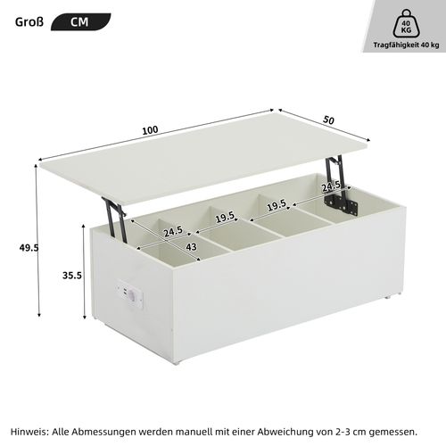 Table Basse Relevable Blanche, Éclairage LED, Avec Rangements Et 2 Ports USB