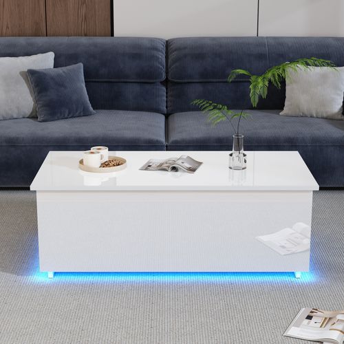 Table Basse Relevable Blanche, Éclairage LED, Avec Rangements Et 2 Ports USB