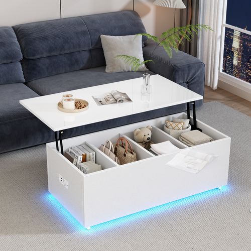Table Basse Relevable Blanche, Éclairage LED, Avec Rangements Et 2 Ports USB