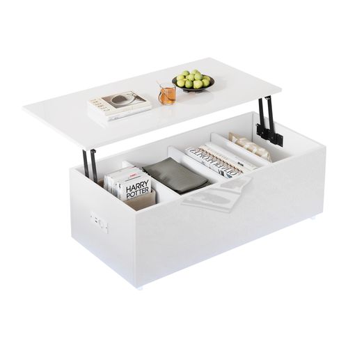 Table Basse Relevable Blanche, Éclairage LED, Avec Rangements Et 2 Ports USB