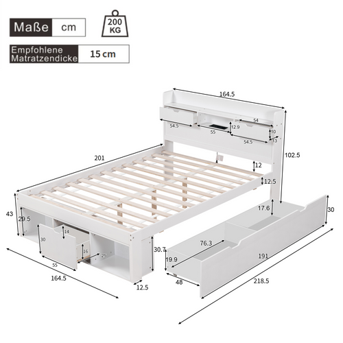 Lit Adulte 160x200 Cm Avec Ports USB/type-c, Rangements, Pin Blanc, Sommier à Lattes