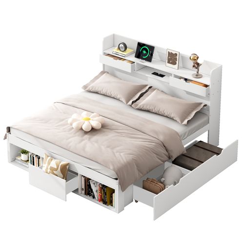 Lit Adulte 160x200 Cm Avec Ports USB/type-c, Rangements, Pin Blanc, Sommier à Lattes