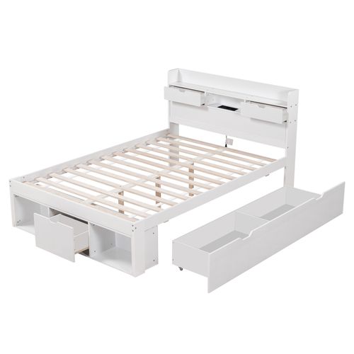 Lit Adulte 160x200 Cm Avec Ports USB/type-c, Rangements, Pin Blanc, Sommier à Lattes
