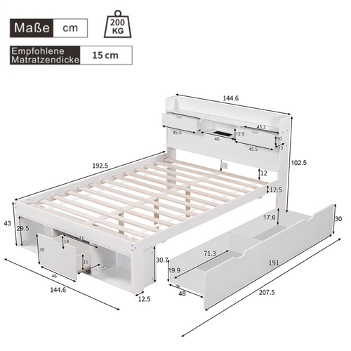 Lit Adulte 140x190 Cm Avec Ports USB/type-c Et Rangements, Pin Blanc, Sommier à Lattes