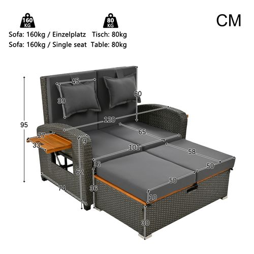Bain De Soleil Jardin, Canapé Convertible Gris En Rotin Avec Tables, Repose-pieds Et Rangement