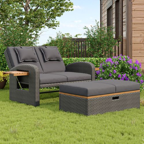 Bain De Soleil Jardin, Canapé Convertible Gris En Rotin Avec Tables, Repose-pieds Et Rangement