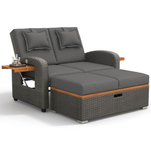 Bain De Soleil Jardin, Canapé Convertible Gris En Rotin Avec Tables, Repose-pieds Et Rangement