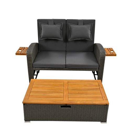 Bain De Soleil Jardin, Canapé Convertible Gris En Rotin Avec Tables, Repose-pieds Et Rangement