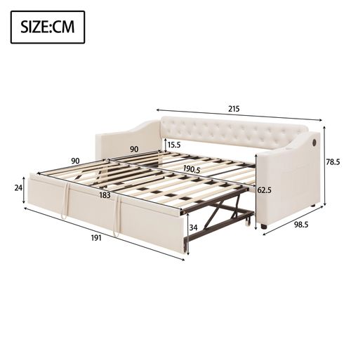 Lit Gigogne Extensible 90/180x190 Cm Velours Beige Avec Ports USB/type-c Et Rangements