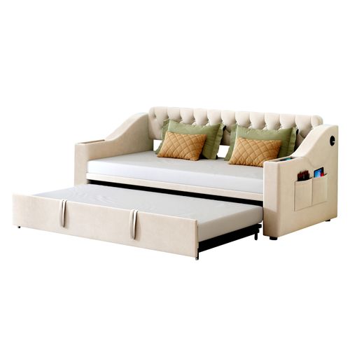 Lit Gigogne Extensible 90/180x190 Cm Velours Beige Avec Ports USB/type-c Et Rangements