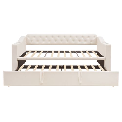 Lit Gigogne Extensible 90/180x190 Cm Velours Beige Avec Ports USB/type-c Et Rangements