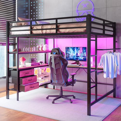 Lit Mezzanine Adulte 140x200 Cm Avec Bureau Intégré, Éclairage LED, 3 Tiroirs, Métal Noir