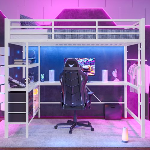 Lit Mezzanine Adulte 140x200 Cm Avec Bureau Intégré, LED, Prise+usb, 3 Tiroirs, Métal Blanc