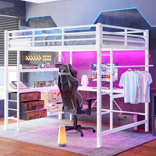 Lit Mezzanine Adulte 140x200 Cm Avec Bureau Intégré, LED, Prise+usb, 3 Tiroirs, Métal Blanc