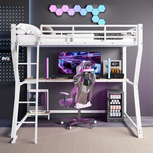 Lit Mezzanine LED 90x200 Cm Avec Bureau Intégré Et Prises USB, Métal Blanc