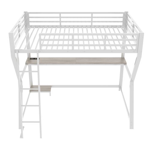 Lit Mezzanine LED 90x200 Cm Avec Bureau Intégré Et Prises USB, Métal Blanc